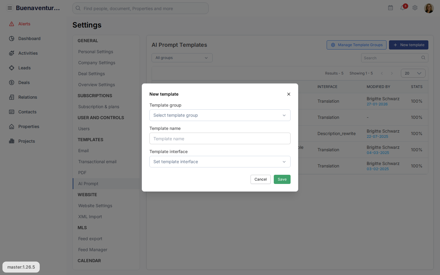New template dialog met velden Template group (Select template group), Template name (text input) en Template interface (Set template interface).