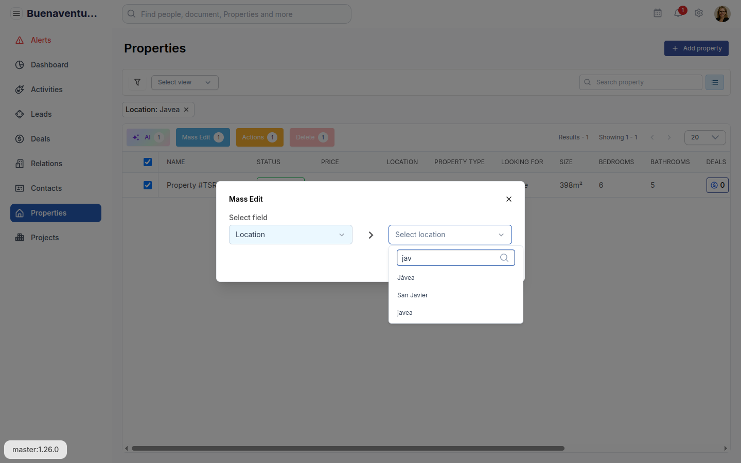 Mass Edit-dialog met veldkeuze Location en locatie-dropdown