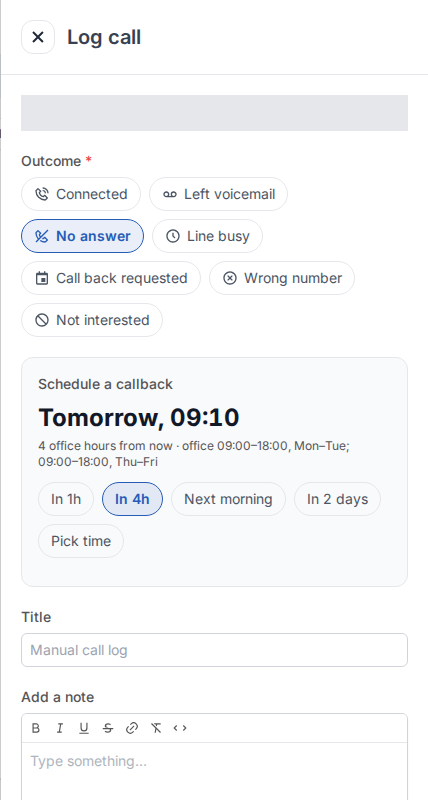 Panel Schedule a callback z proponowanym czasem i przyciskami In 1h, In 4h, Next morning, In 2 days i Pick time