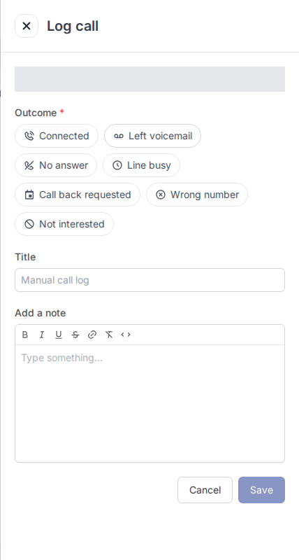 Panel Log call z polem Outcome i siedmioma rezultatami jako przyciski