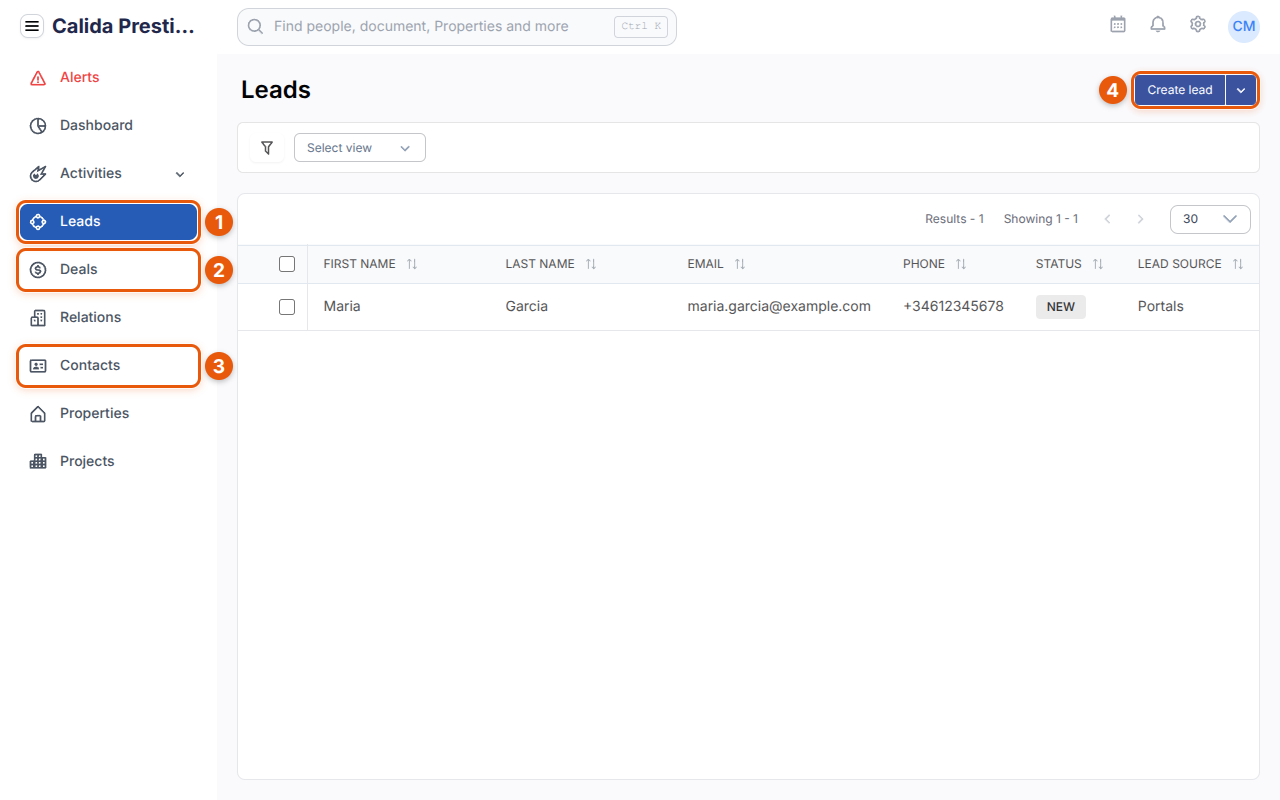 Das Menü von Tesoro mit markierten Leads, Deals und Contacts sowie der Schaltfläche Create lead
