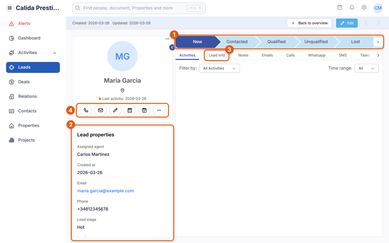 Die Seite eines Leads mit hervorgehobener Statusleiste, den Lead-Daten, dem Tab Lead Info und den Schnellschaltflächen
