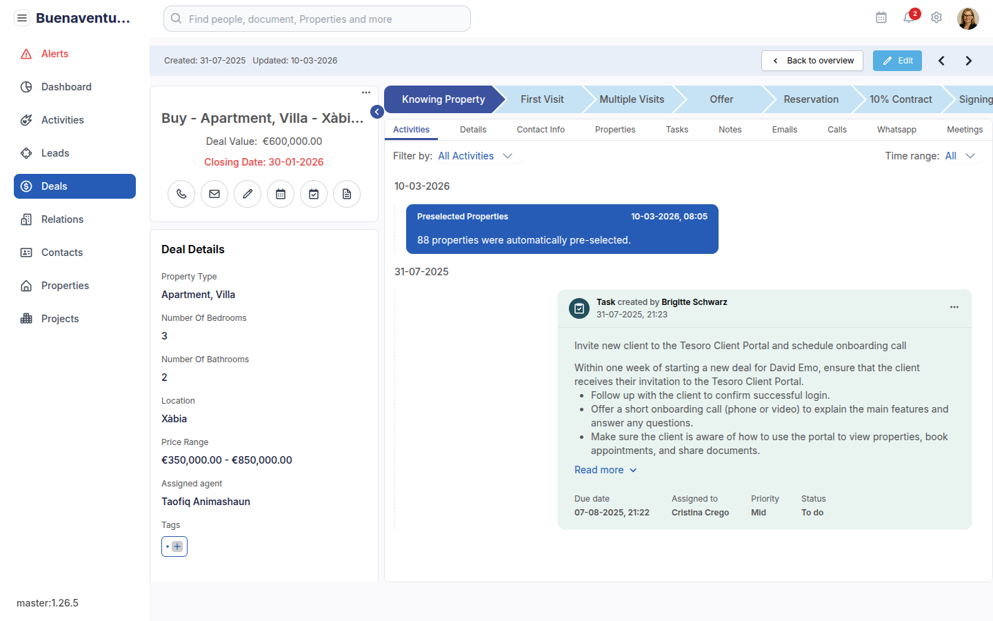 Deal-detailpagina met voortgangsbalk, Deal Details zijbalk en activiteit-feed