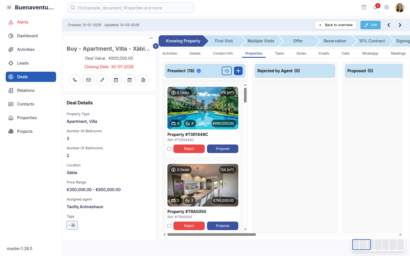 Properties-tab met kanban-kolommen Preselect Rejected by Agent Proposed