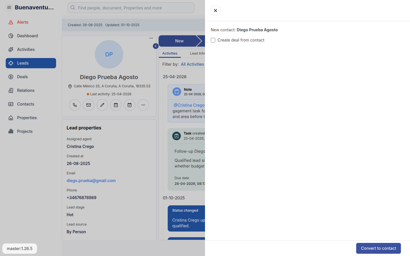 Conversie-zijpaneel met de optie Create deal from contact uitgevinkt en de knop Convert to contact onderaan