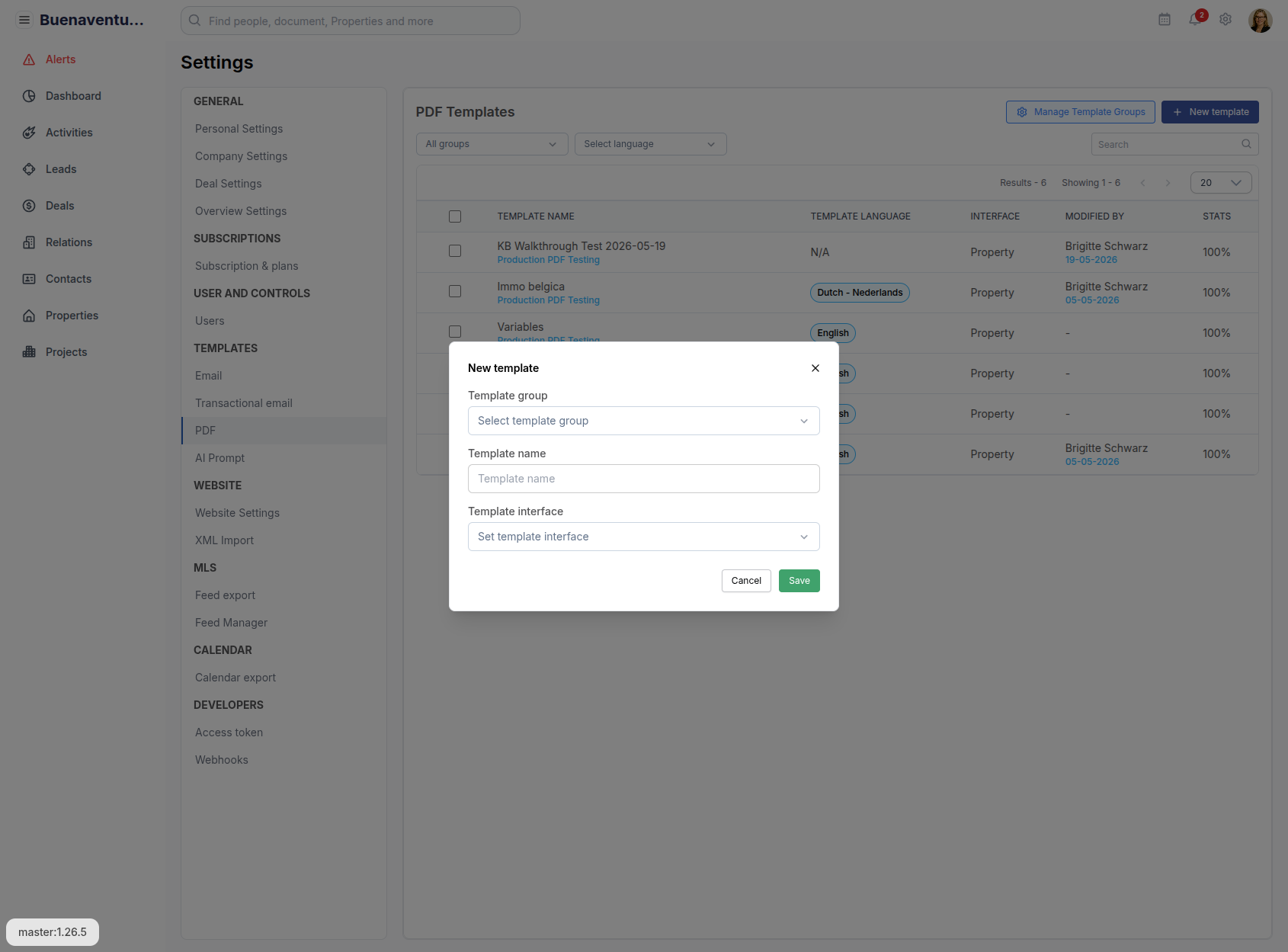 New template modal met de drie verplichte velden
