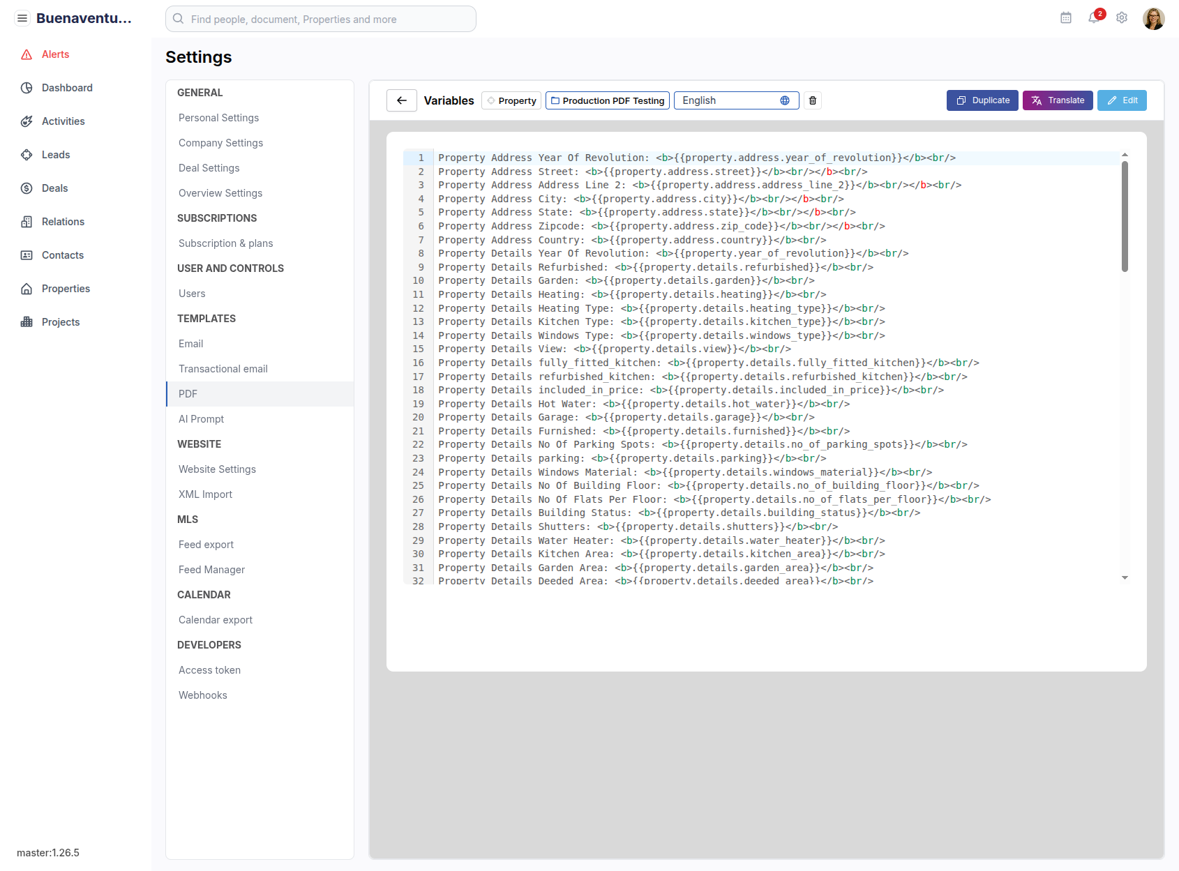 Code-editor voor PDF-template met regelnummers en taal-keuzeknop