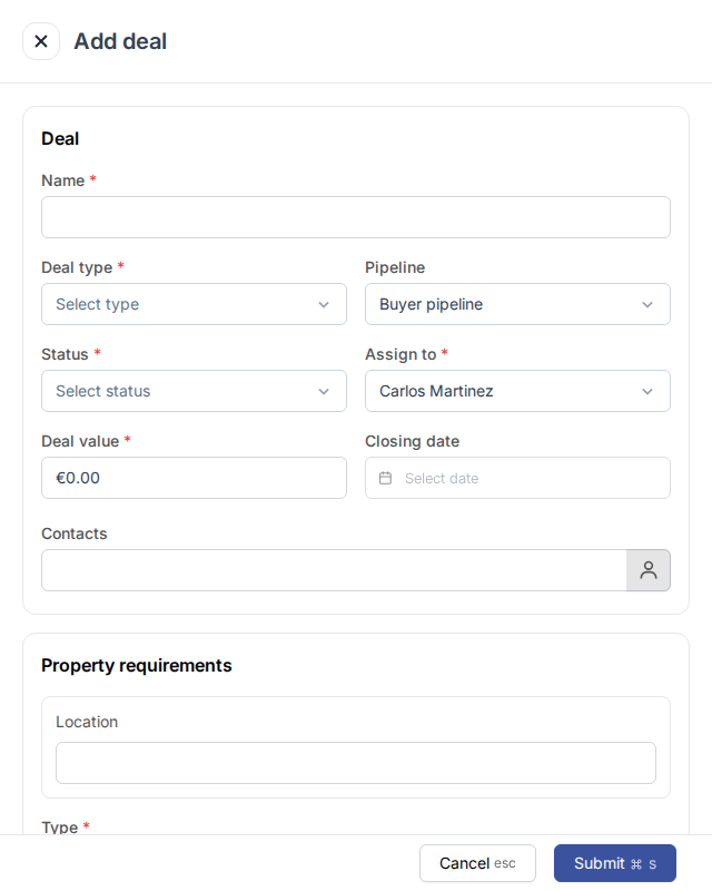 Add deal-Seitenpanel mit den Feldern Name, Deal type, Pipeline, Status, Assign to, Deal value, Closing date und Contacts, darunter Property requirements