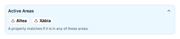 The Active areas block with the chosen areas and the explanation that a property matches if it is in one of these areas