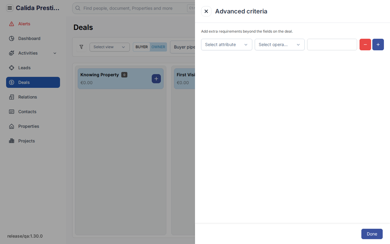 The Advanced criteria window with an empty row: Select attribute, Select operator and a value field.