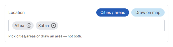 The Location field in a Buy deal with the buttons Cities / areas and Draw on map. Altea and Xàbia are selected.