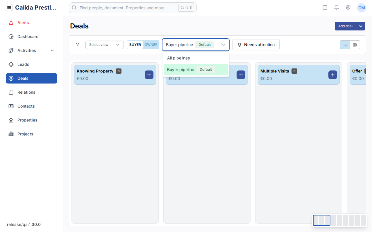 The deal board with the BUYER/OWNER toggle, the pipeline dropdown expanded and the Needs attention button
