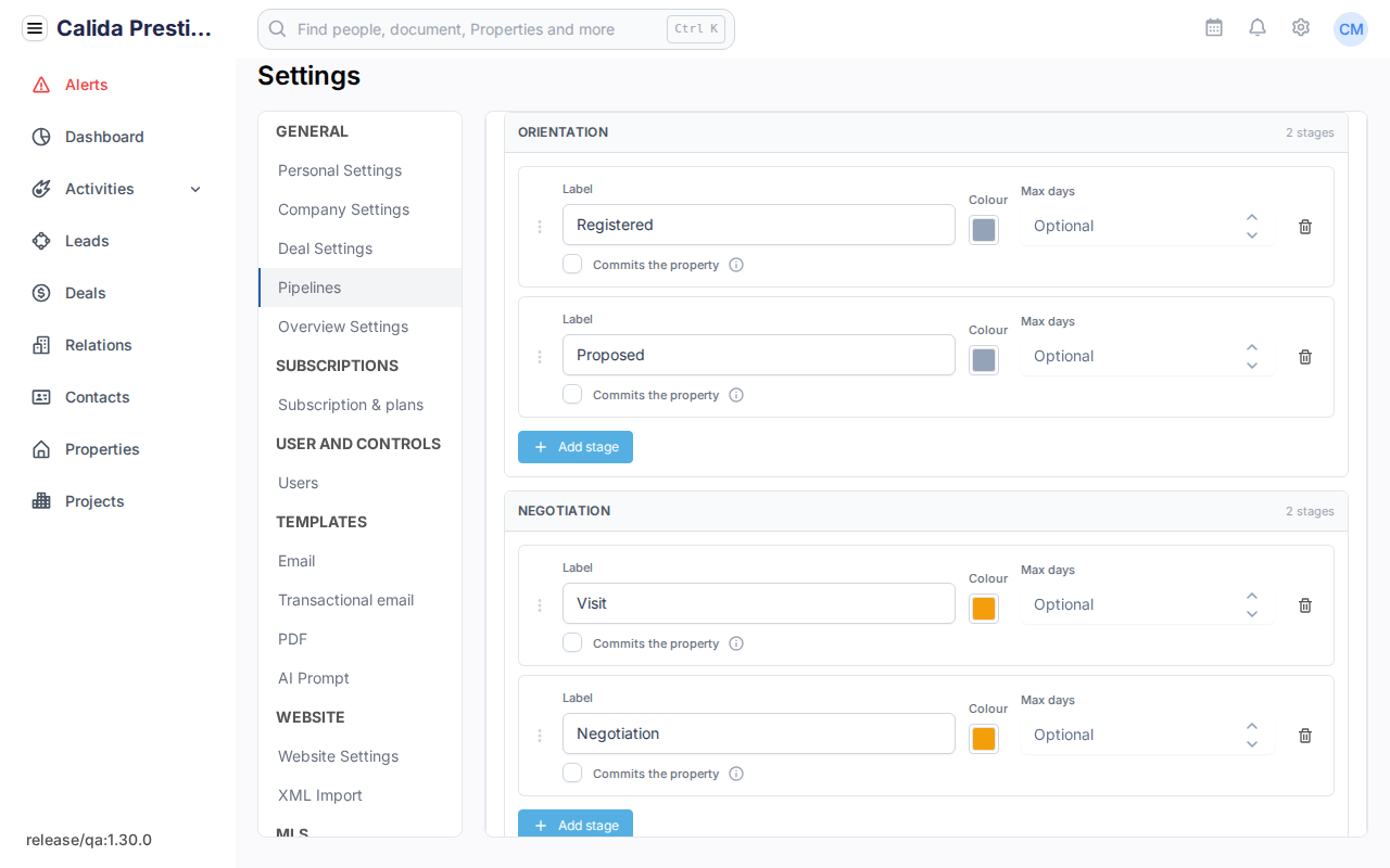 Der Stage-Editor der Co-broker pipeline mit den Blöcken Orientation und Negotiation, pro Stage die Felder Label, Colour und Max days, das Kästchen Commits the property, ein Papierkorb und die Schaltfläche Add stage