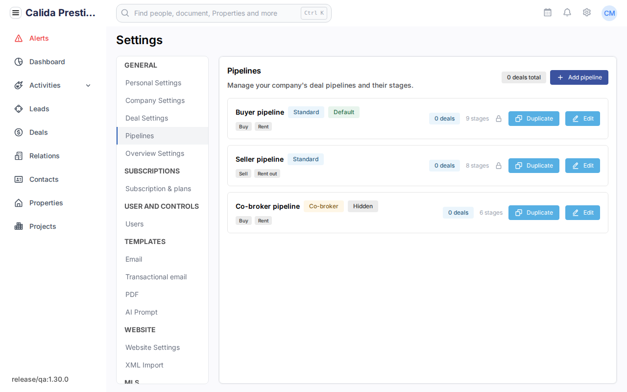 Settings > Pipelines mit Buyer pipeline, Seller pipeline und Co-broker pipeline