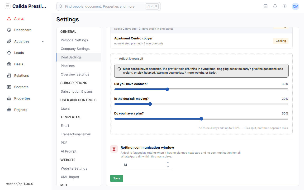 Der aufgeklappte Bereich Adjust it yourself mit drei Schiebereglern auf 30, 20 und 50 Prozent, und darunter Rotting: communication window mit dem Wert 14