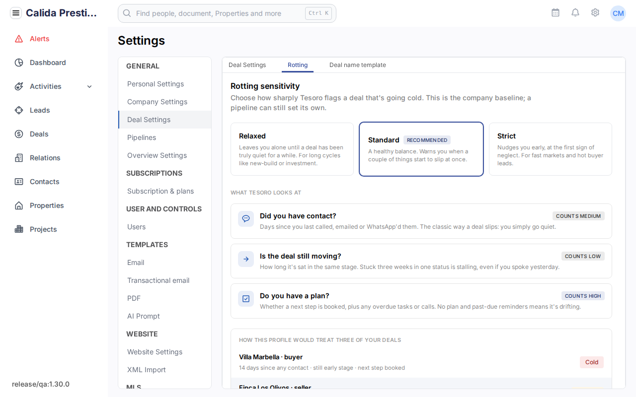 Settings, Deal Settings, Tab Rotting mit den Profilen Relaxed, Standard und Strict und den drei Fragen, die Tesoro stellt