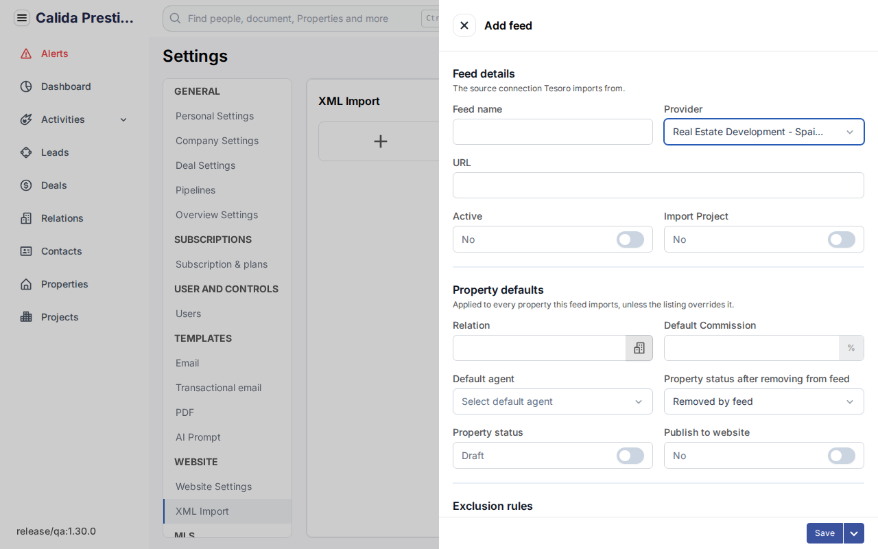 Okno Add feed z blokami Feed details i Property defaults. Przy providerze RedSP-V4 widoczny jest przełącznik Import Project.