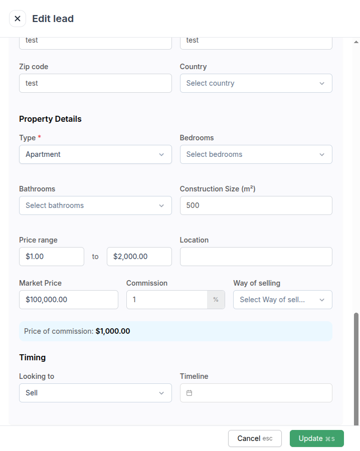 The Property Details block in a seller lead with Construction Size, Market Price, Commission, Way of selling, and the Price of commission line