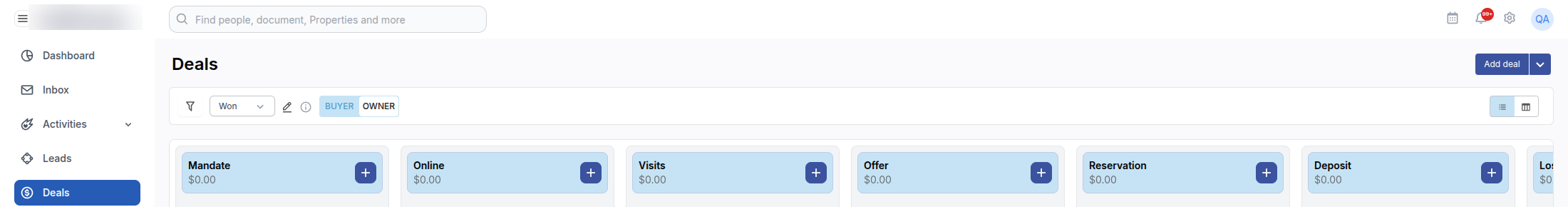 The deal board with the toggle BUYER and OWNER and the columns Mandate, Online, Visits, Offer, Reservation and Deposit