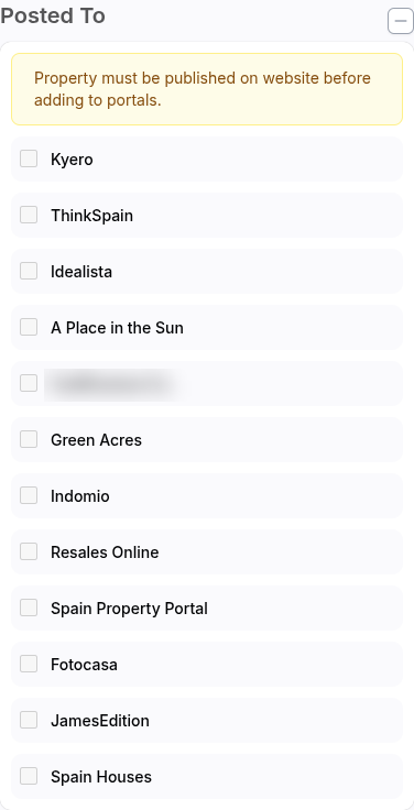 The Posted To panel with a yellow notification that the property must be published on the website first, and below it the portals with unchecked checkboxes