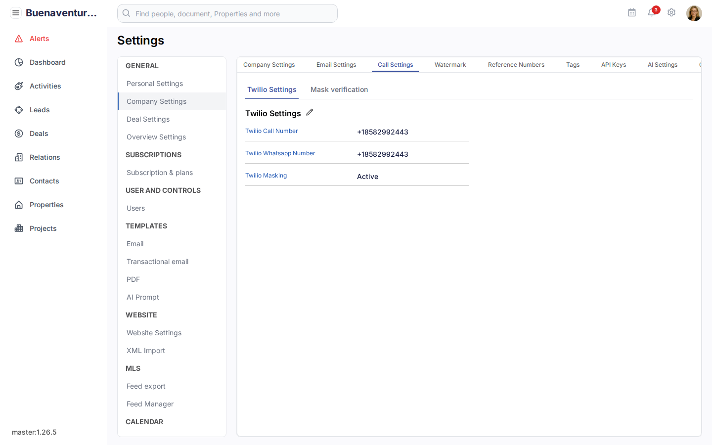 Settings → My Company → Call Settings tab toont Twilio Call Number, Twilio Whatsapp Number en Twilio Masking-status.